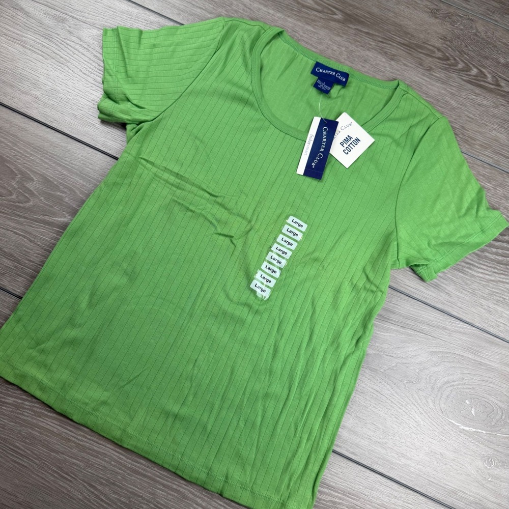 Charter Club Women T-Shirt Ribbed Pima Cotton Tropical Green Large